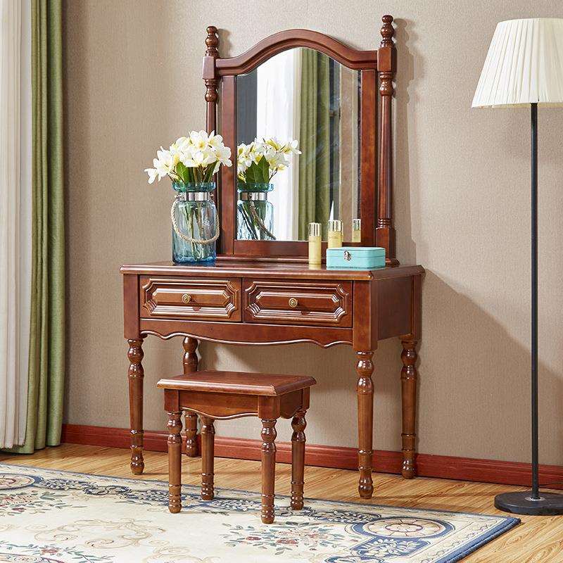 实木梳妆台卧室带镜子美式乡村化妆台凳子组合98公分尺寸欧式白漆