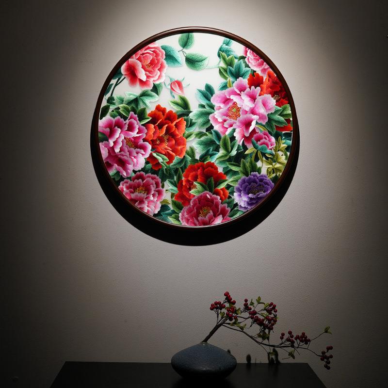 新中式刺绣苏绣牡丹花圆形挂画玄关过道走廊客厅沙发墙成品装饰画图片