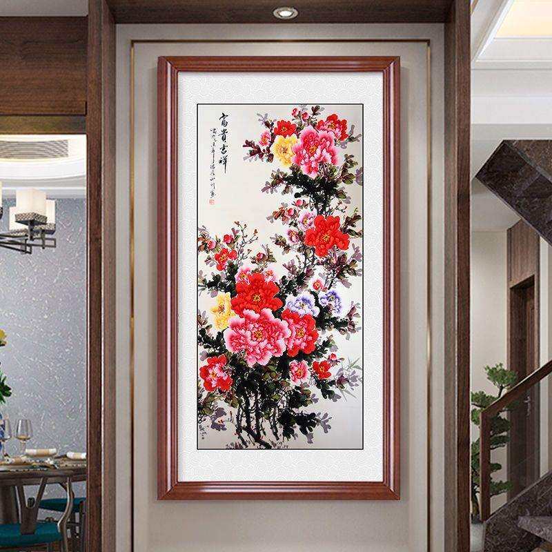 新中式花开富贵客厅挂画入户走廊装饰画牡丹花鸟国画壁画竖版网红