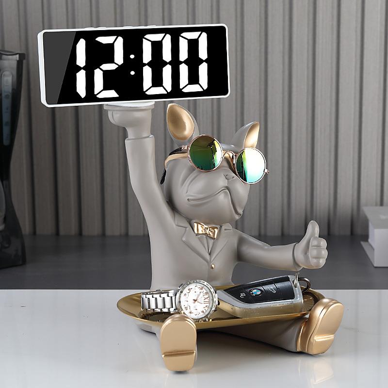 法斗犬摆件创意存钱罐数字电子时钟轻奢客厅电视柜酒柜家居装饰品
