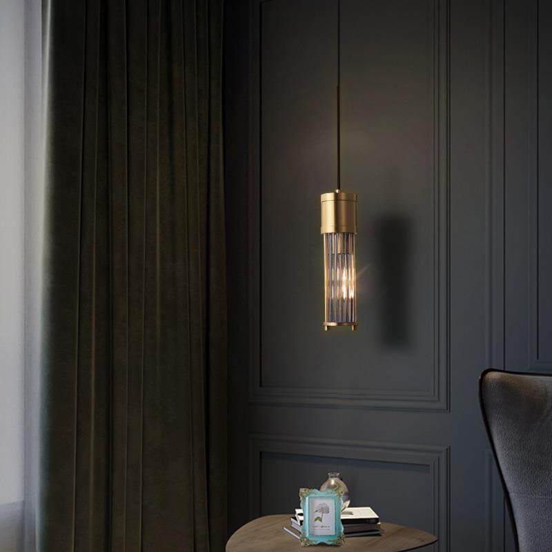 美式全铜卧室床头水晶吊灯北欧简约单头吧台灯具极简餐厅楼梯灯饰