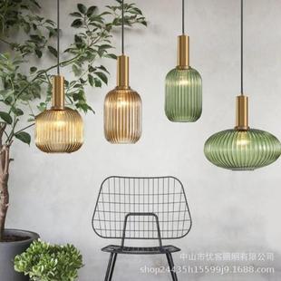 复古玻璃小吊灯 北欧轻奢餐厅吊灯极简床头灯创意条纹灯笼单头日式