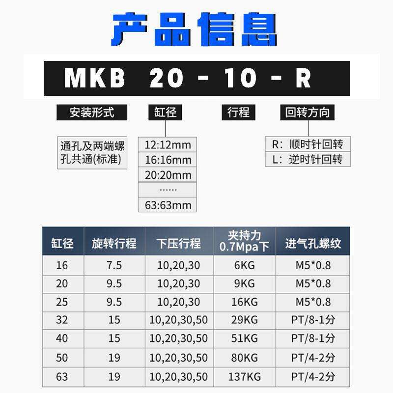 SMC旋转下压气缸转角90度回转夹紧MKB16/20/25/32/40/50-20L/30R