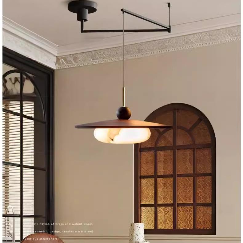 中古风法式胡桃木纹色餐厅吊灯摇臂可移位餐厅吊灯餐桌原木创意灯