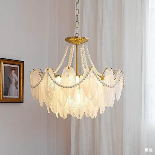 法式客厅吊灯现代轻奢羽毛玻璃吊灯美式复古餐厅卧室网红LED灯具