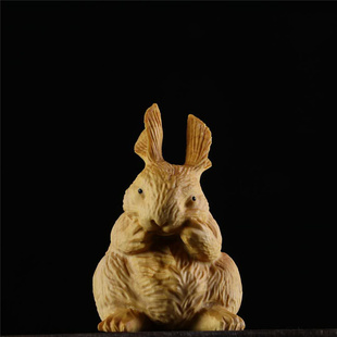 小叶黄杨木雕长耳兔子摆件可爱生肖兔手把件文玩动物雕刻工艺礼品