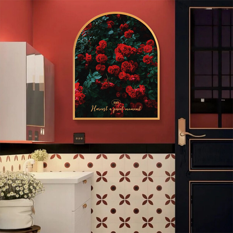 法式复古卫生间防水装饰画浴室拱形花卉免打孔挂画约风厕所壁画图片