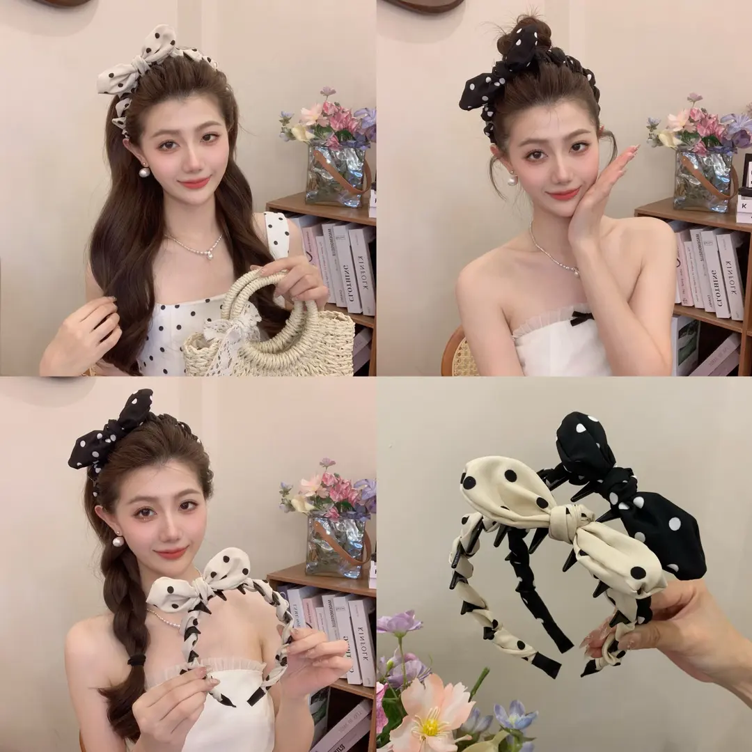 【下单立减50】新款波点蝴蝶结超立体褶皱波点兔子耳朵齿梳发箍QH