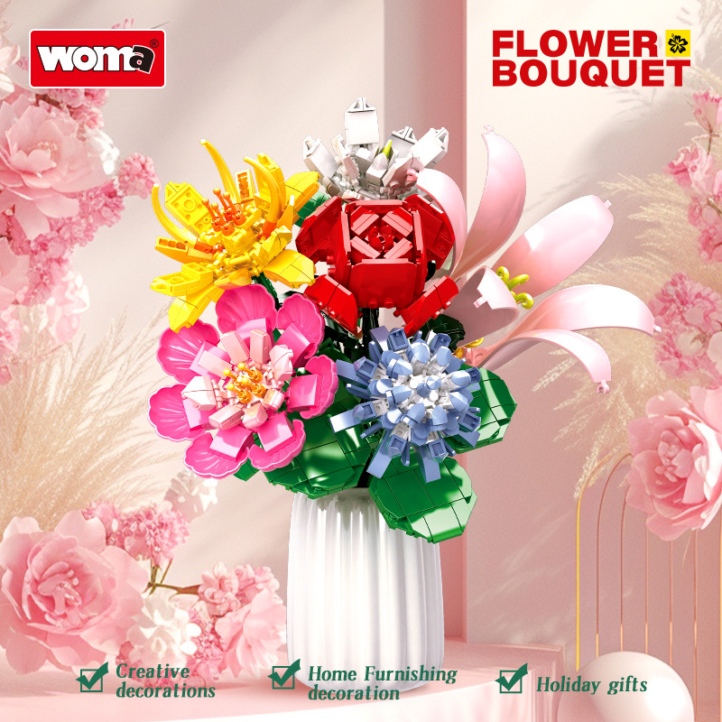 沃马仿真花11540积木花1套6款小颗粒兼容653pcs拼装积木玩具模型