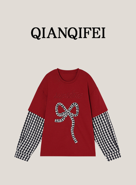 3-20H  新款蝴蝶结格子拼接美式假两件T恤 25Q-6006