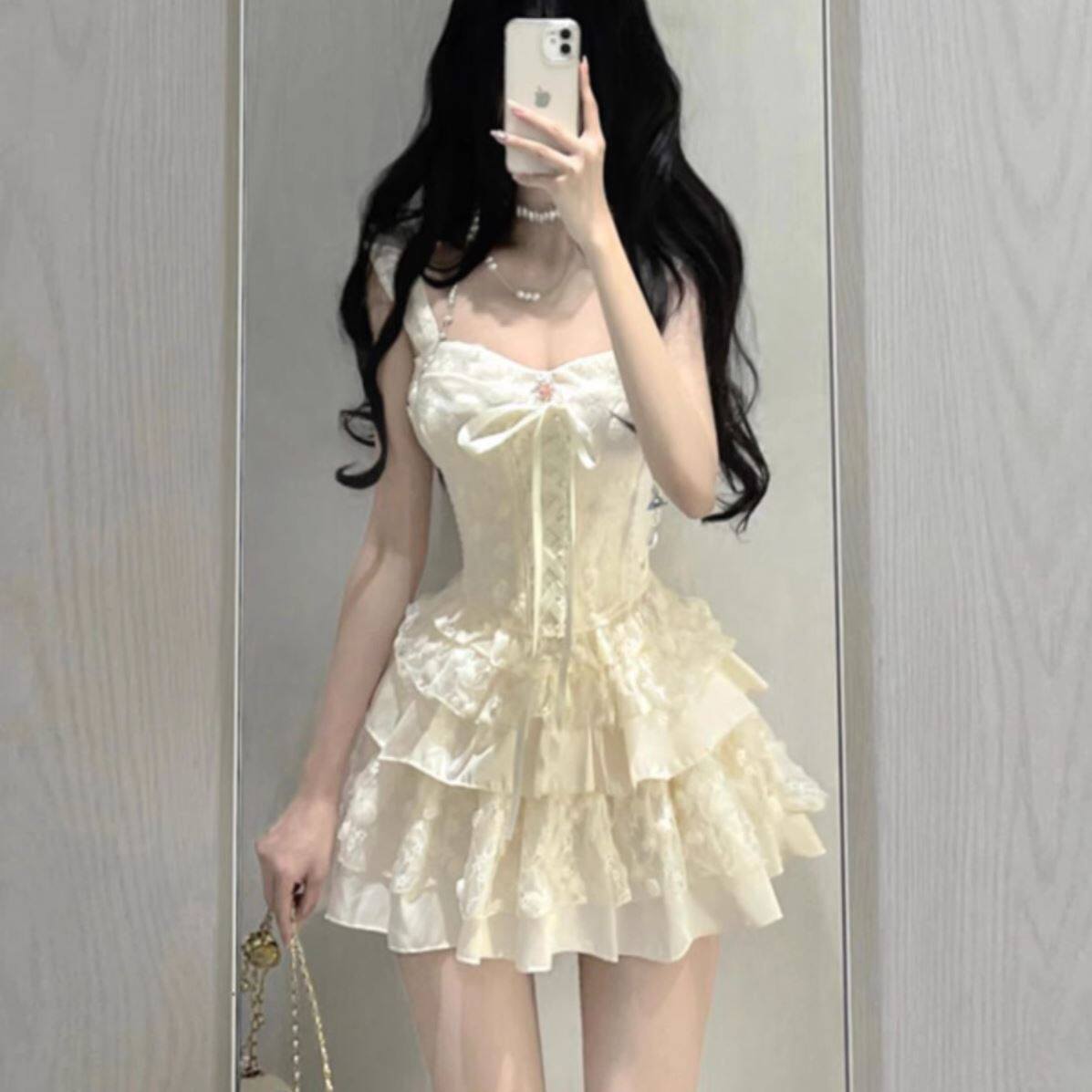 甜辣妹套装女夏季设计感印花吊带上衣蛋糕蓬蓬半身短裙重工两件套