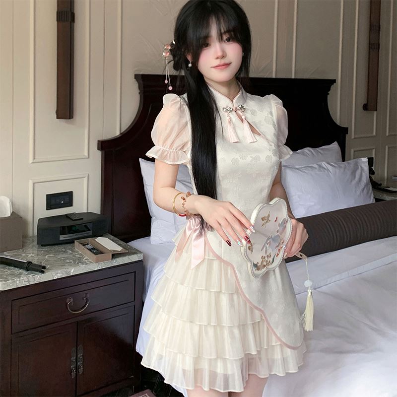 新中式提花改良立领旗袍连衣裙女夏甜美温柔少女网纱短款国风裙子