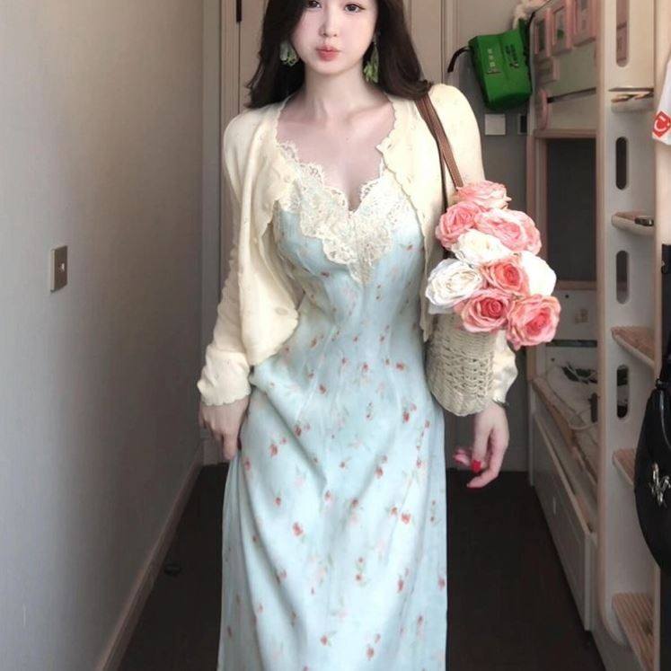 单件套装软妹甜美碎花连衣裙女学生学院风中长款百搭过膝吊带裙子