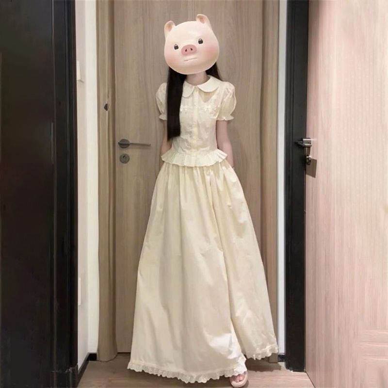 2025夏季新款绝美泡泡袖木耳边下摆上衣搭配高腰半身长裙两件套装