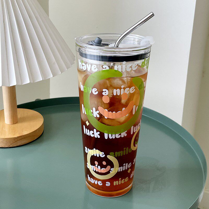 精选1L大容量广口杯耐高温玻璃杯带刻度水杯不锈钢吸管杯个性印花