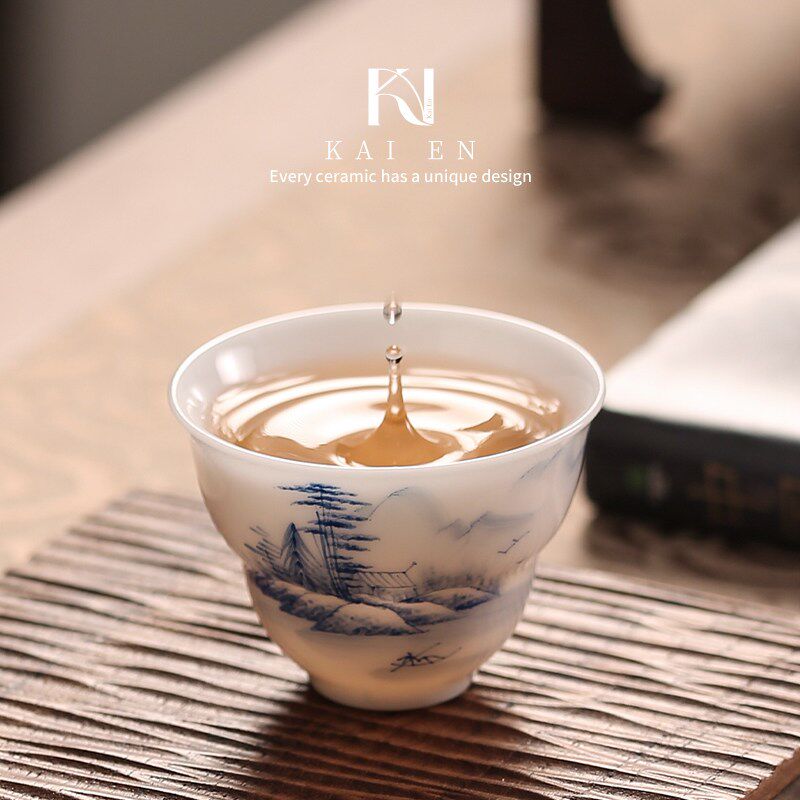 楷恩 冰种玉瓷五福临门主人杯套杯礼盒装送领导长辈父母生日礼物