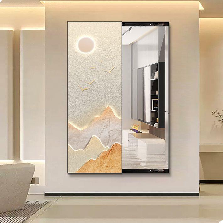 现代轻奢玄关全身镜装饰画山水挂画镜子隐形可推拉关闭试衣镜家用