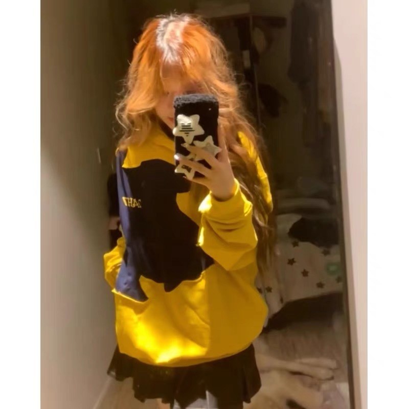黄色不显黑!!!美式复古连帽E卫衣女INS韩版学生上衣