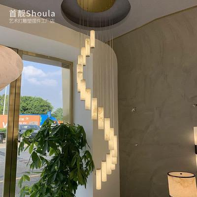 旋转楼梯吊灯新中式全铜进口云石灯自建房天井复式公寓转角长吊灯