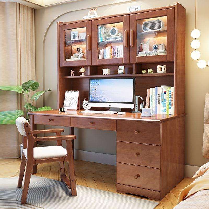 实木书桌电脑桌书架书柜一体儿童成人学习桌椅卧室学生写字桌家用