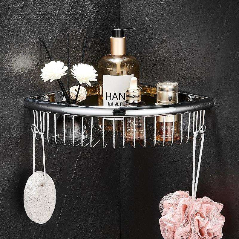 全铜浴室三角置物架卫生间淋浴房壁挂式转角收纳架三角网篮免打孔