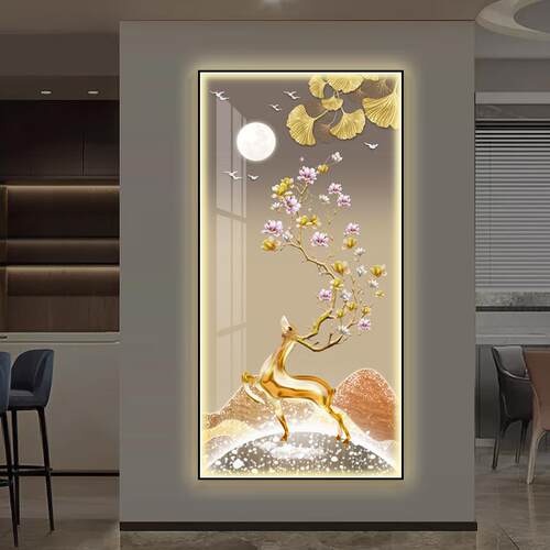 入户玄关装饰轻奢福鹿高档竖版壁画现代走廊过道镶钻LED灯光挂画