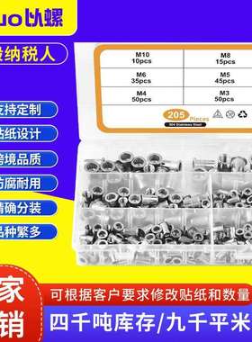 跨境205pcs304不锈钢拉铆螺母套装平头竖纹拉铆螺母组合套件盒装
