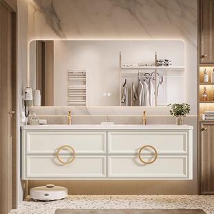 奶油风法式橡木浴室柜岩板无缝陶瓷一体盆组合洗漱台洗手脸盆双盆