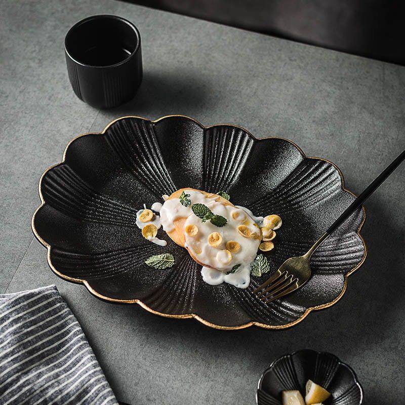 黑色盘子日式磨砂鱼盘西餐盘花瓣椭圆形蒸鱼盘甜点菜盘磨砂复古,餐饮具,盘,淘宝优惠券,粉丝福利购,淘宝优惠卷