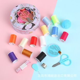 缝补工具家用学生针线套收纳手缝针线包 圆型开窗铁盒针线盒套装