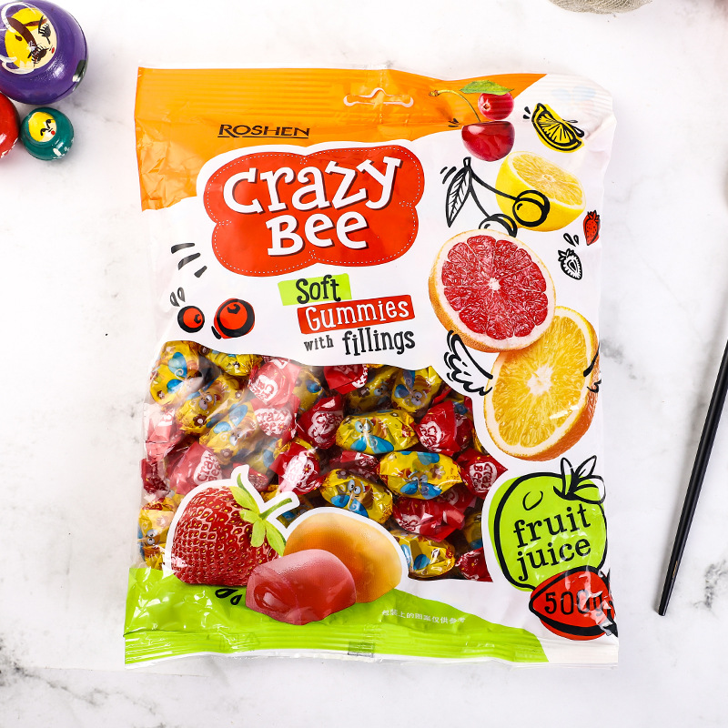 如胜疯狂小蜜蜂软糖果汁夹心橡皮糖乌克兰混合味糖果爆浆零食500g