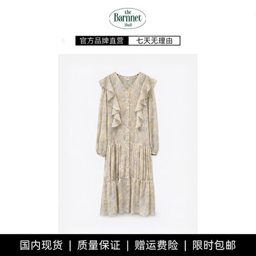【现货】theBarnnet shell莫奈花园荷叶边V领收腰长袖碎花连衣裙