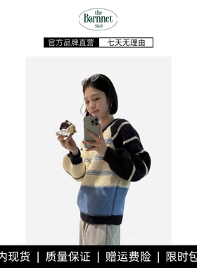 【现货】theBarnnet shell韩国手工编织撞色毛衣蓝白条纹厚实羊毛
