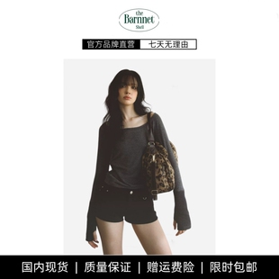 shell羊毛拼色露肩套指长袖 现货 theBarnnet 打底上衣 T恤修身
