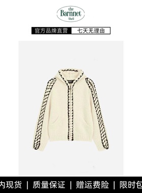 【现货】theBarnnet shell拼接手工钩花粗针羊毛连帽拉链开衫毛衣