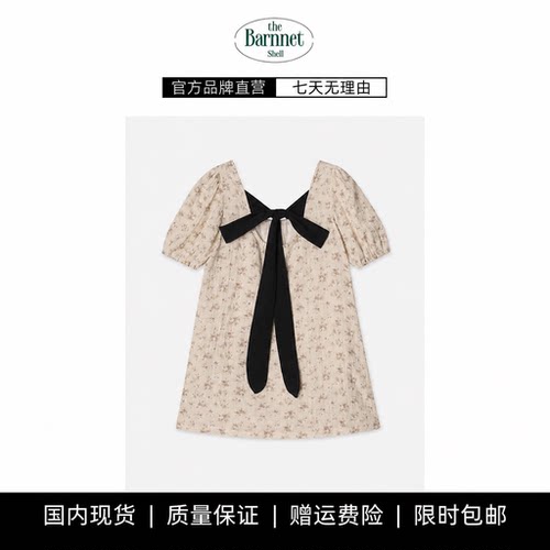 【现货】theBarnnet shell蝴蝶结系带碎花格纹连衣裙韩系泡泡袖