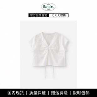 【现货】theBarnnetshell韩国设计师太奶甜美蕾丝拼接V领短袖衬衫