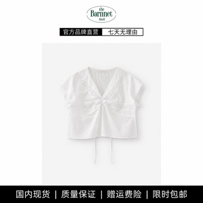 【现货】theBarnnetshell韩国设计师太奶甜美蕾丝拼接V领短袖衬衫