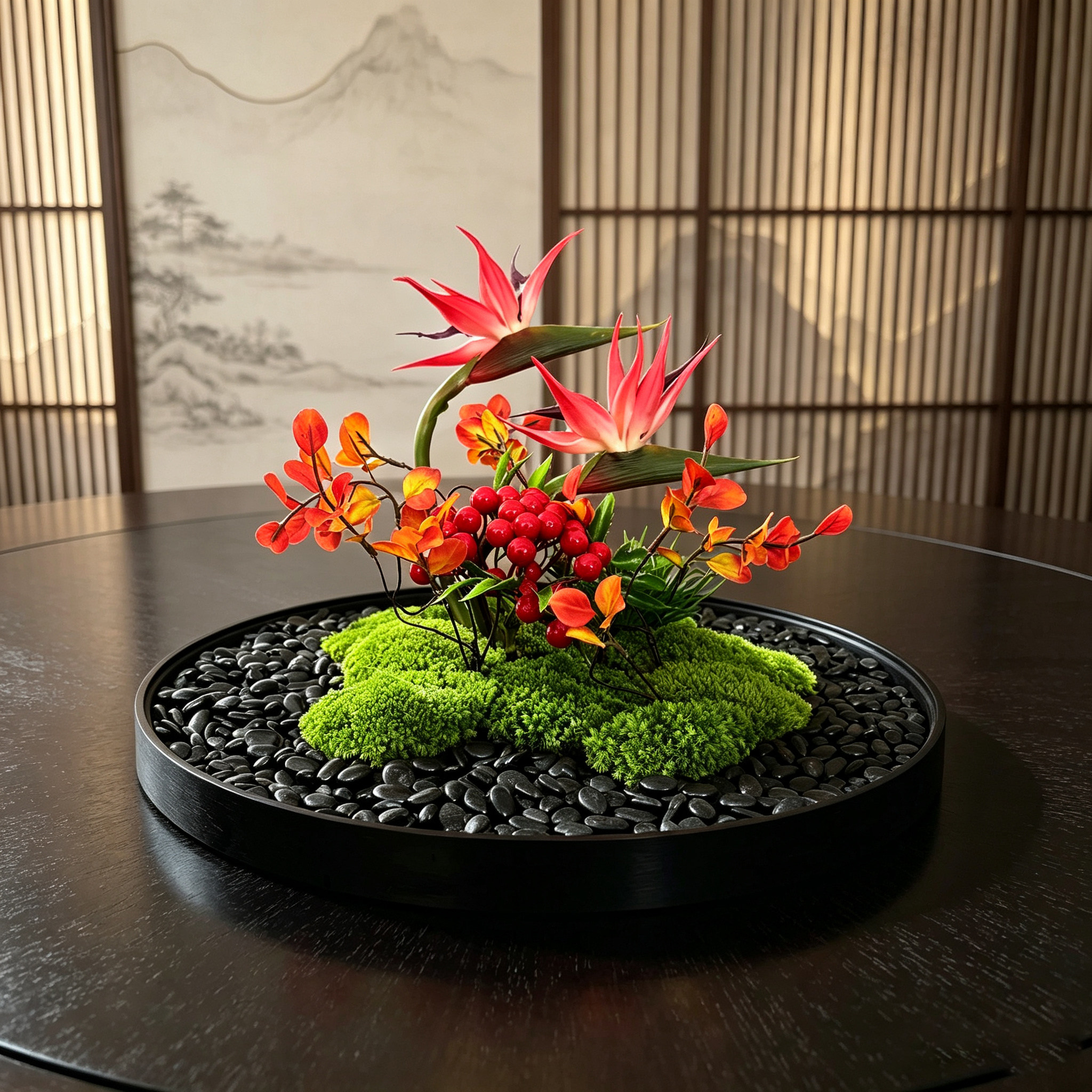 仿真花艺永生苔藓餐桌装饰摆件天堂鸟中式酒店包间桌面创意装饰品