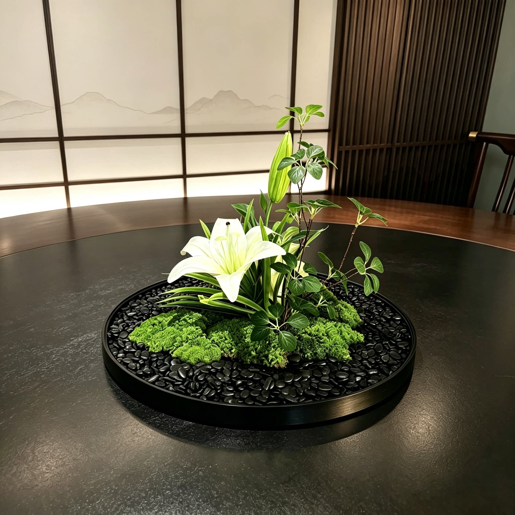 新中式百合花艺永生苔藓桌面装饰品会所别墅禅意摆件高级感摆花