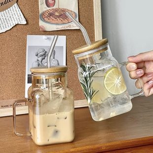 玻璃杯 方形奶茶杯柠檬水子吸管杯ins风马克杯杯带把杯子带盖硼硅