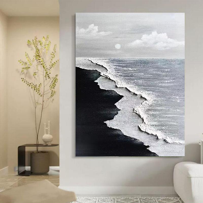 手绘油画黑白风景客厅装饰画抽象立体肌理无框画玄关入户壁画落地
