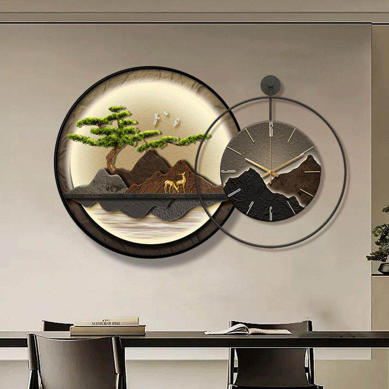 餐厅装饰画带钟表背有靠山挂画高级感客厅山水画高档轻奢饭厅壁画
