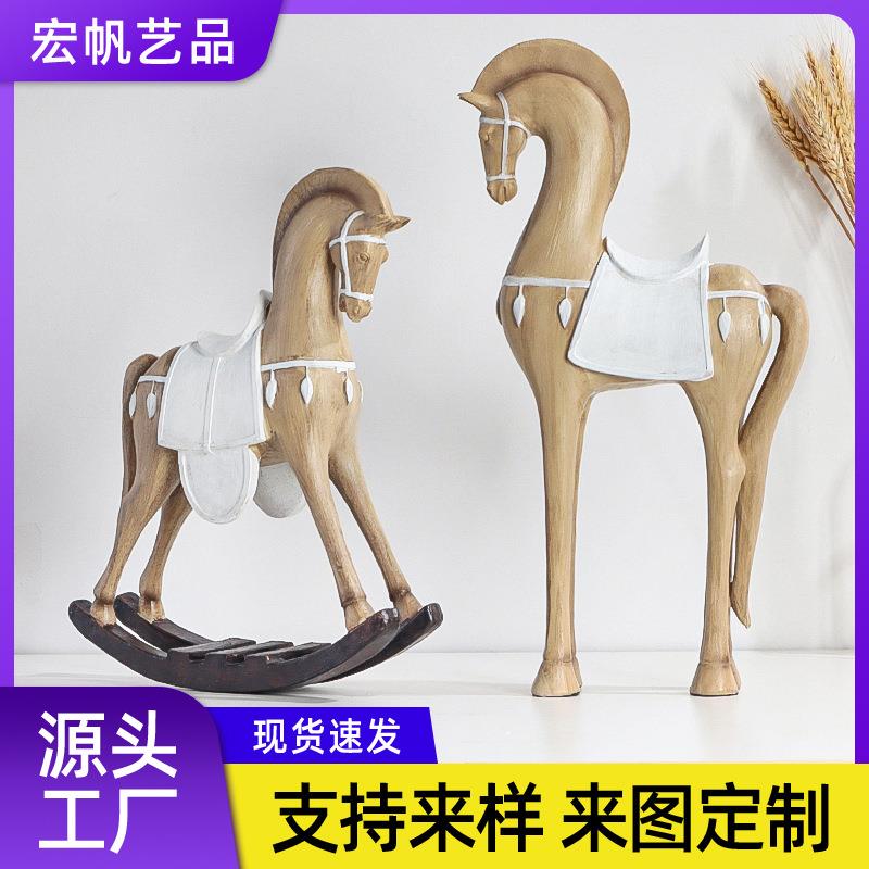 欧式家居复古摆件仿木纹马头摇摆木马客厅玄关摆件动物树脂工艺品