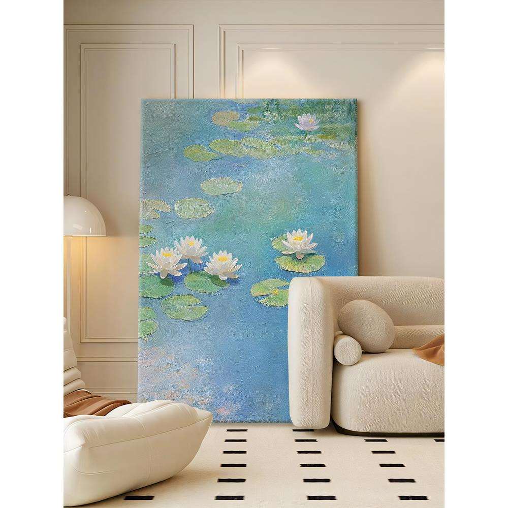 莫奈睡莲手绘油画玄关抽象绿色荷花装饰壁画客厅餐桌法式复古挂画