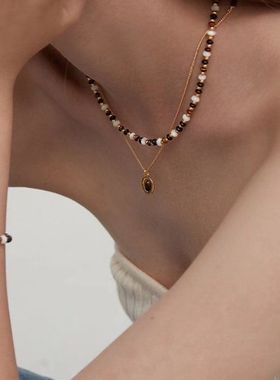 高级虎眼石系列天然黑玛瑙串珠项链轻奢复古ins小众金色锁骨链子