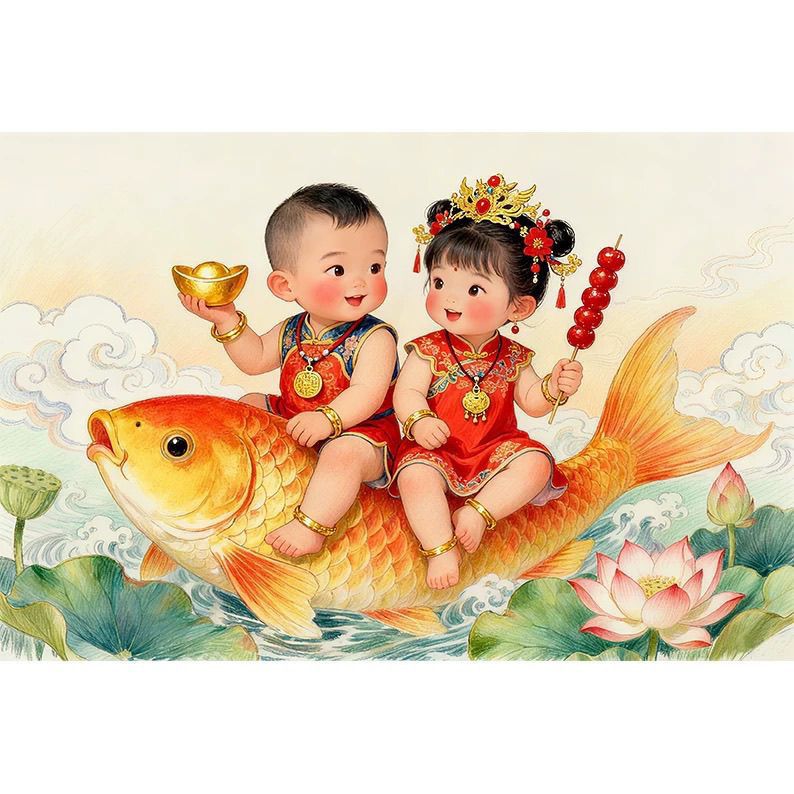 双胞胎备婚怀孕好运装饰画娃娃图自粘贴画 多子多福连年有余年画