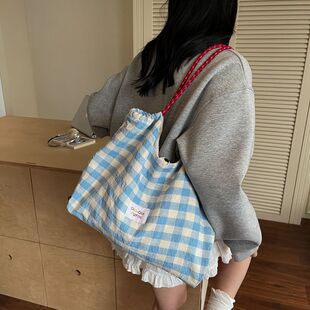 新款清新格纹单肩托特包大容量通勤包温柔仙女风包包休闲学生布包