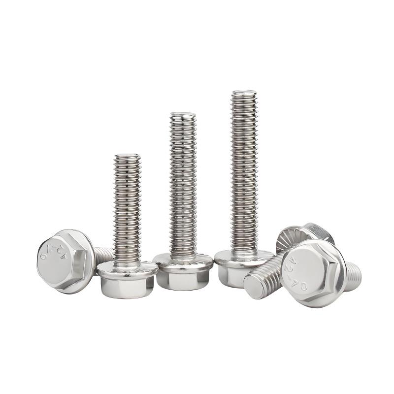 304不锈钢螺钉GB5789六角头法兰面防滑螺栓平脑带垫花齿螺丝M4-12