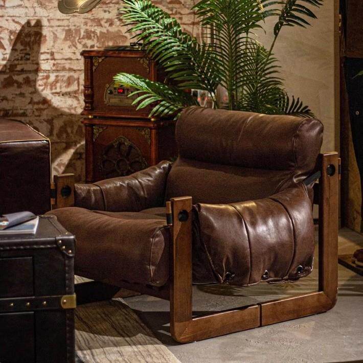 泽西岛椅懒人沙发客厅中古风皮沙发椅子休闲单人椅实木复古躺椅